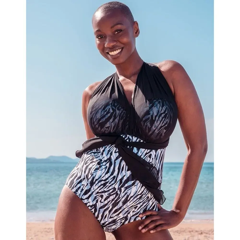 Curvy Kate Wrapsody Swimsuit Multiway Bandeau Strapless Zebra Print 32DDD NWT